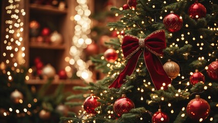 Christmas tree adorned with red bows and lights