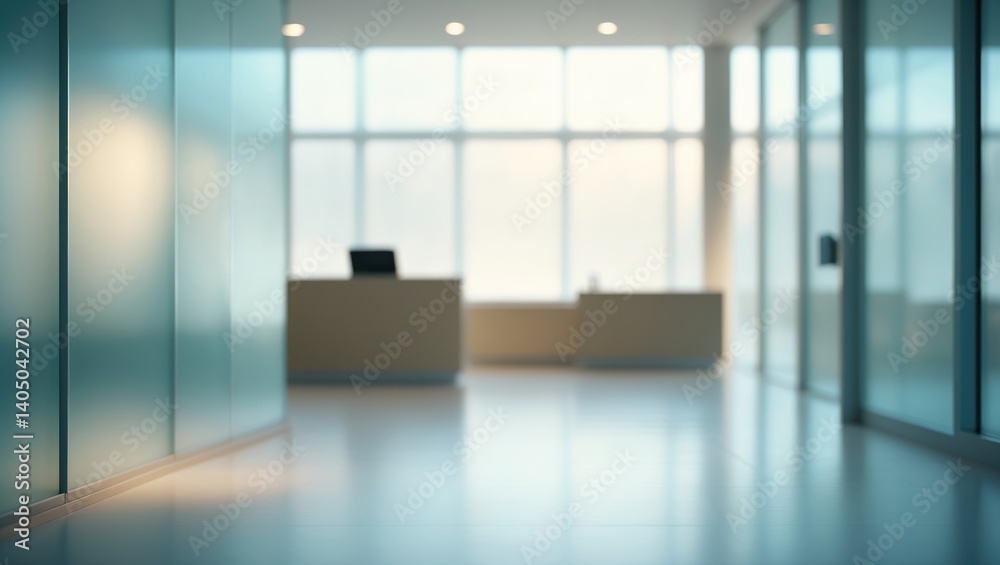 Poster lobby of an office or healthcare institution with windows and perspective against a light blurred ba