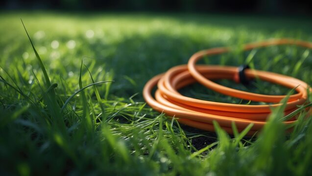 Medium shot of garden electric power extension cable with selective focus