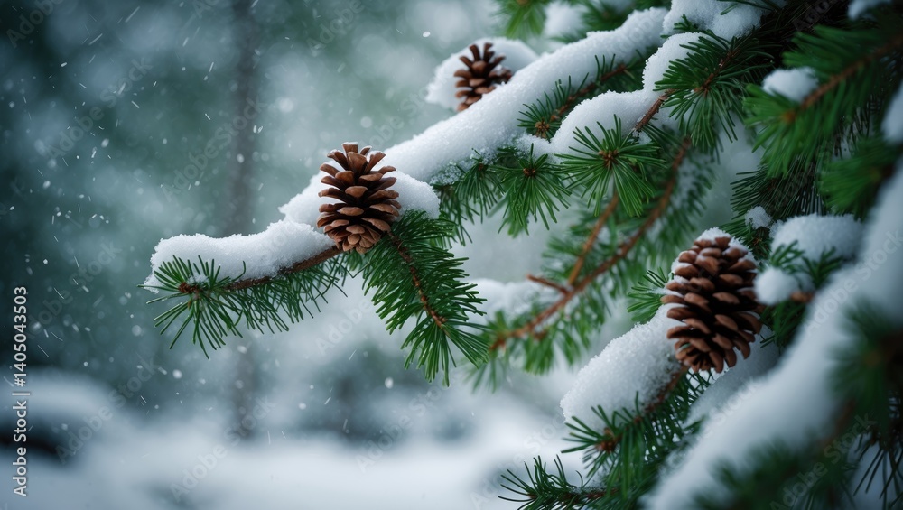 Aufkleber a detailed look at evergreen branches blanketed in fresh snow, featuring partially visible pine cone