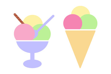 Various Ice Cream scoops in bowl and Ice Cream cone Sticker Icon Minimalist design idea Set elements