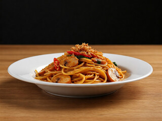 Spaghetti Carbonara, showcasing Indonesian culinary influences, on a clean, bright white plate.