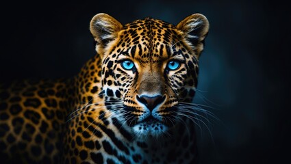 Fototapeta premium Isolated background featuring a close-up of a beautiful, angry big leopard