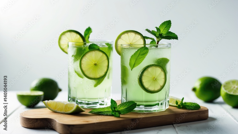 Poster isolated lemonade with lime slices and mint against a white background