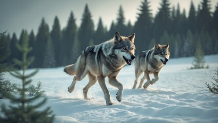 Naklejka premium gray wolf male dashing through snowy terrain