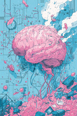 Brain drawing, Digital illustration representing the chaotic relationship between the brain and technology in a flat design style.
