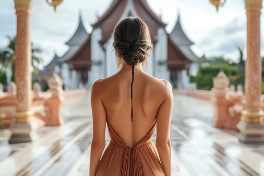 Elegant woman wearing backless dress posing in exotic temple