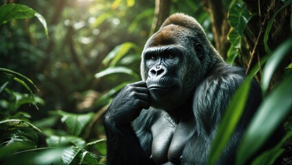 Fototapeta premium Intimate view of a contemplative Gorilla