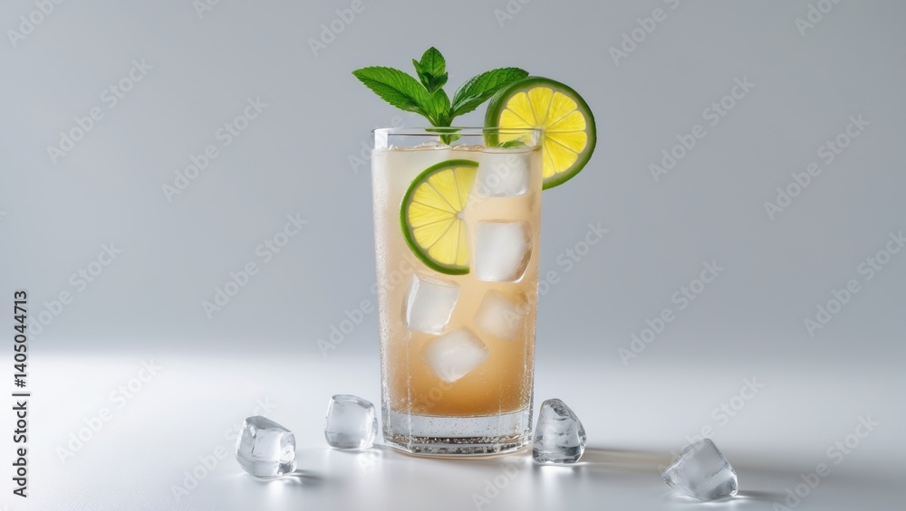 Poster glass of lemonade or limeade featuring ice and a lemon slice