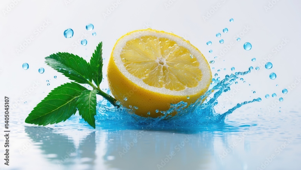 Poster Splashing water with lemon and sliced lemon in the background
