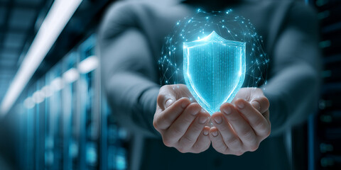 Hands gently cradling a glowing digital shield, binary code visible within, set against a blurred server room background, symbolizing data protection and cybersecurity