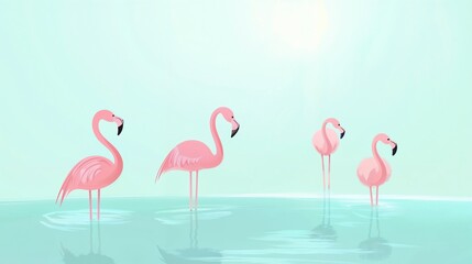 Obraz premium Stylized pink flamingos standing in water with a soft pastel background