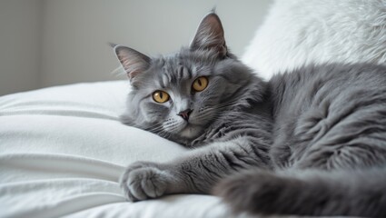 Pillow resting gray kitten. Isolated on a white backdrop