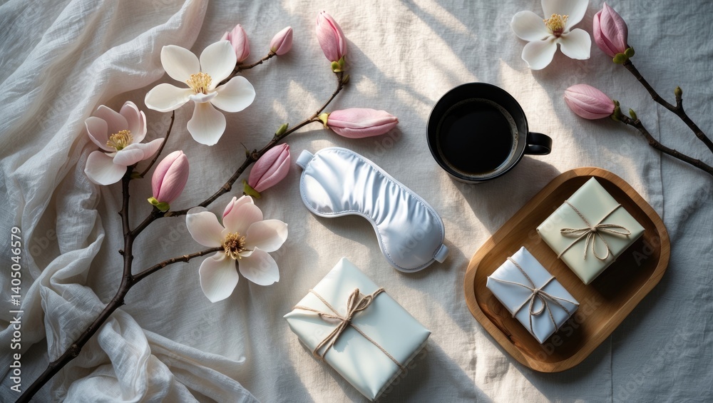 Poster top-down view of magnolia flower composition. flat lay design