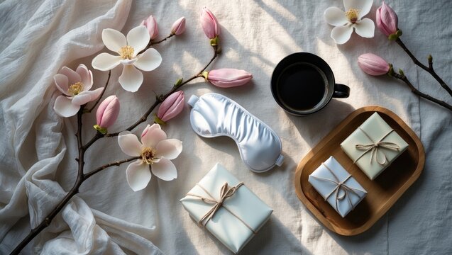 Top-down view of Magnolia flower composition. Flat lay design