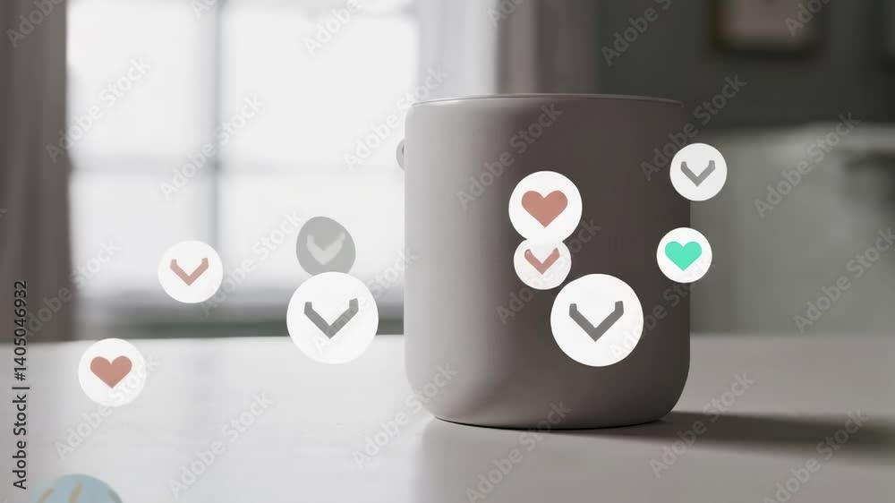 Aufkleber Floating social media feedback icons dynamically circling sleek smart speaker, visualizing digital user engagement and interactive communication in contemporary home technology setting