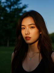 Outdoor black - haired woman close - up