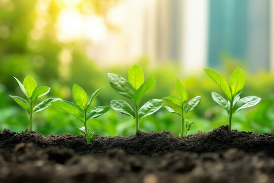 The growth of life seedling young plant beginning of greenery from soil to sky.