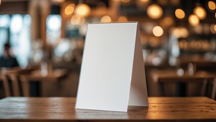 Label the empty menu frame in the restaurant, Stand for brochures with white paper acrylic tent card on a wooden table with a blurred background for customer text insertion.