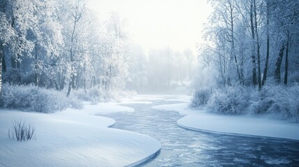 Fototapeta premium Wintry River Landscape: A Serene Winter Wonderland
