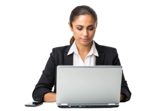 Focused businesswoman working on laptop in professional attire for productivity and career development