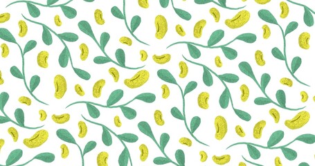 natural 4K background featuring soft green leafy sprigs intertwined with scattered yellow bean-like shapes. The hand-drawn texture and organic forms evoke a botanical, farm-to-table vibe.