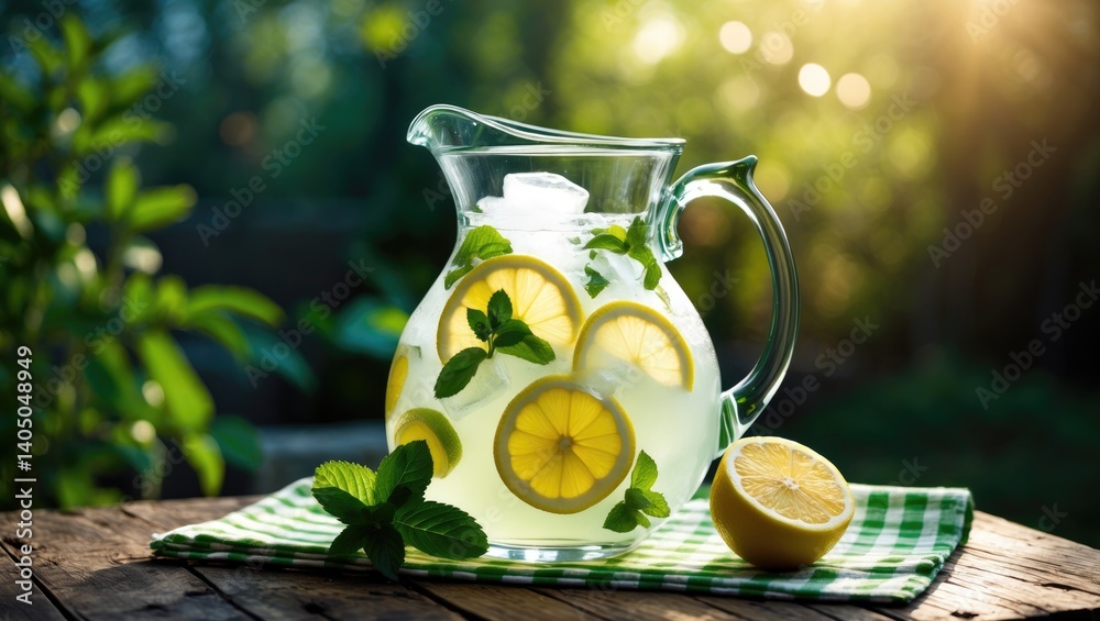 Poster lemonade jug featuring lemon, mint, and ice on a table. scene with space for text