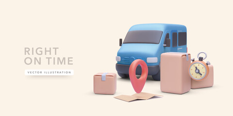 Delivery Van with Timer, Boxes, Map, and Location Pin in 3D Cartoon Style. Ideal for Fast Shipping, Tracking, and Express Logistics Concepts. Vector Illustration. © bs_k1d