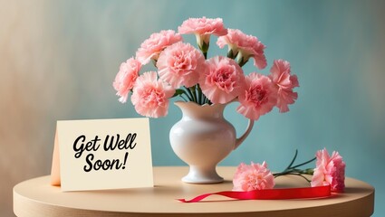 Get well soon note with a vase of carnations