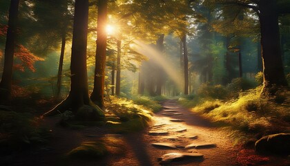 Obraz premium A serene forest path illuminated by soft sunlight filtering through tall trees.
