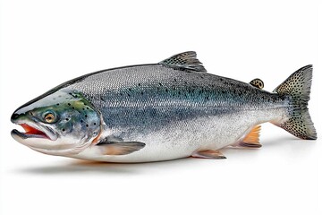Obraz premium Whole fresh salmon laid cleanly on white background, glistening with marine freshness