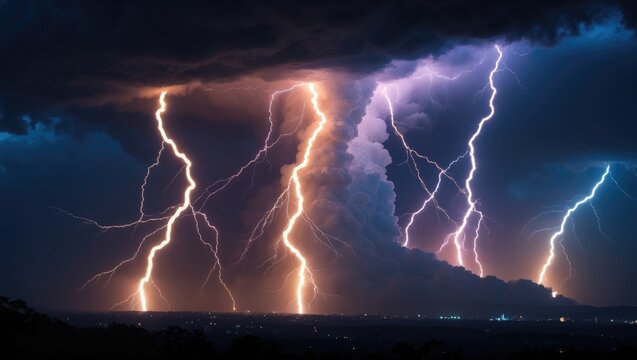 Nighttime lightning above the skyline