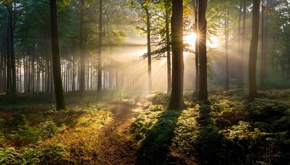 Obraz premium A serene forest scene with sunlight filtering through tall trees and lush greenery.