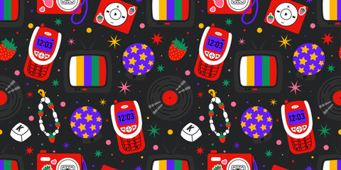 Seamless pattern featuring nostalgic 90s and 2000s technology and gadgets. Includes retro flip phones, vinyl records, vintage TVs, floppy disks, and more. Perfect for Y2K and old-school posters.