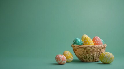 Colorful Decorated Easter Eggs Near Wicker Basket on Green Surface with Minimalistic Composition and Soft Natural Lighting