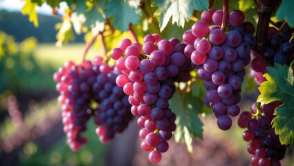 Cluster of mature red wine grapes on vine