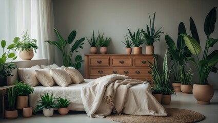 Numerous fresh plants in an authentic image of a vibrant bedroom decor featuring a king-size bed
