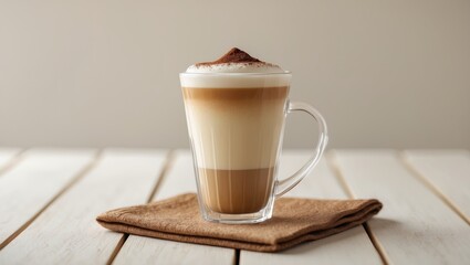 Coffee latte in a glass cup on a wooden table