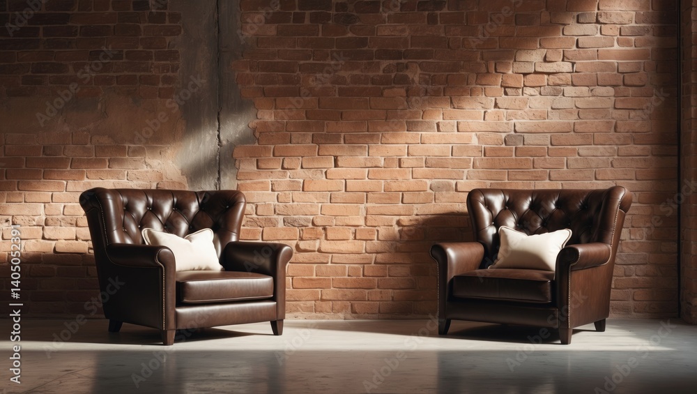 Aufkleber loft interior design idea featuring two leather sofas and pillows in the background with vertical co
