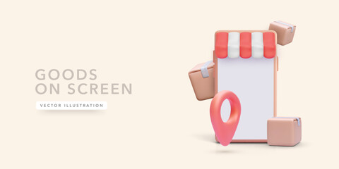 Online Store Concept With Packages And Location Pin Coming Out Of Smartphone With Awning. Ideal For Ecommerce, Shopping Apps, And Delivery Services. Vector Illustration.