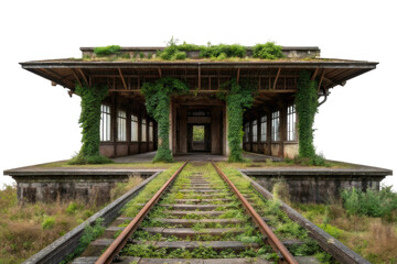 Obraz premium Abandoned train station overgrown with greenery showcasing nature reclaiming urban space