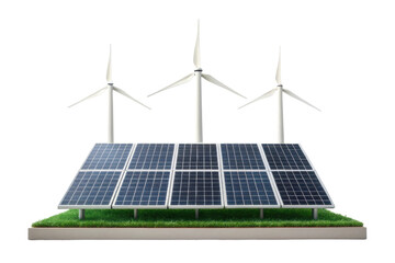 Renewable energy concept with wind turbines and solar panels on grass base for sustainable technology design
