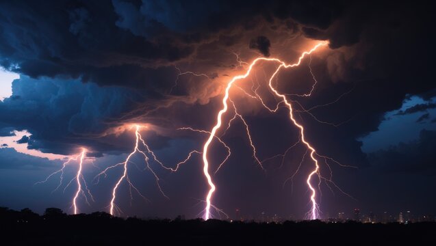 Lightning strikes over the skyline at night