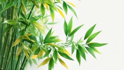 Fototapeta premium Green bamboo leaves set against a pure white backdrop.
