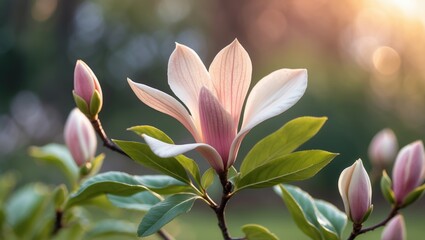 Fototapeta premium In a garden, magnolia flowers bloom beautifully with gentle pink petals and bright green leaves. The scene embodies the beauty and revival of the season. Vertical image.