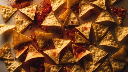 Nachos with chili flavor or tortilla. Aerial perspective, texture and complete frame.