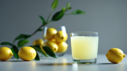 Fresh fruits and a glass of lemonade on the table. Room for text