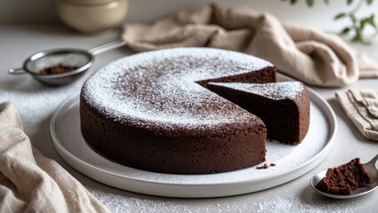 Chocolate sponge cake without flour, sprinkled with sugar powder, on a light background. Brownie treat. Focused shot.