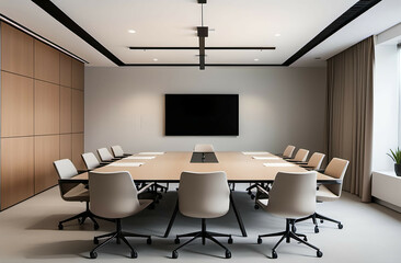 A spacious, modern meeting room with a minimalist design, featuring a large table, sleek chairs