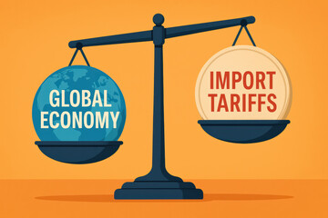 Tariff policy control,scale balancing global economy and import tariffs symbolizes impact of tariff policy on economic control